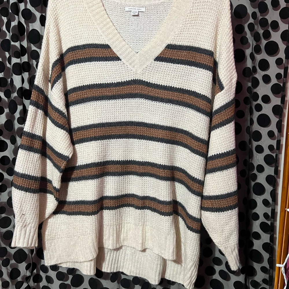 Striped V-Neck Sweater - Cream and Brown